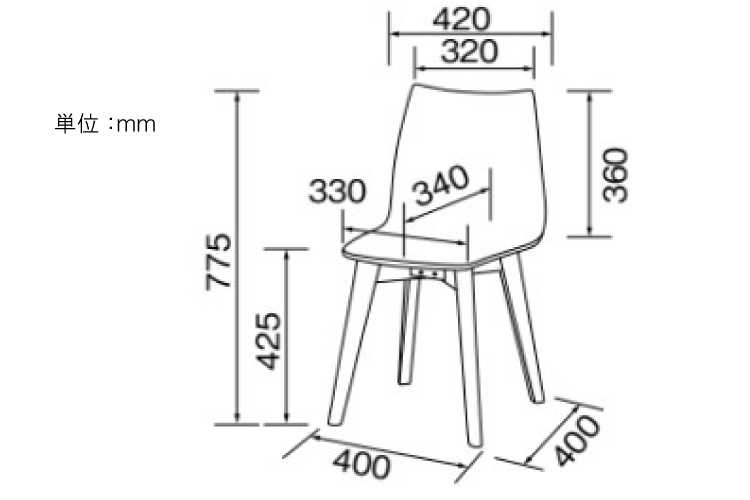 CH-3474 天然木アッシュ突板製・カフェ風ダイニングチェアのサイズ詳細画像