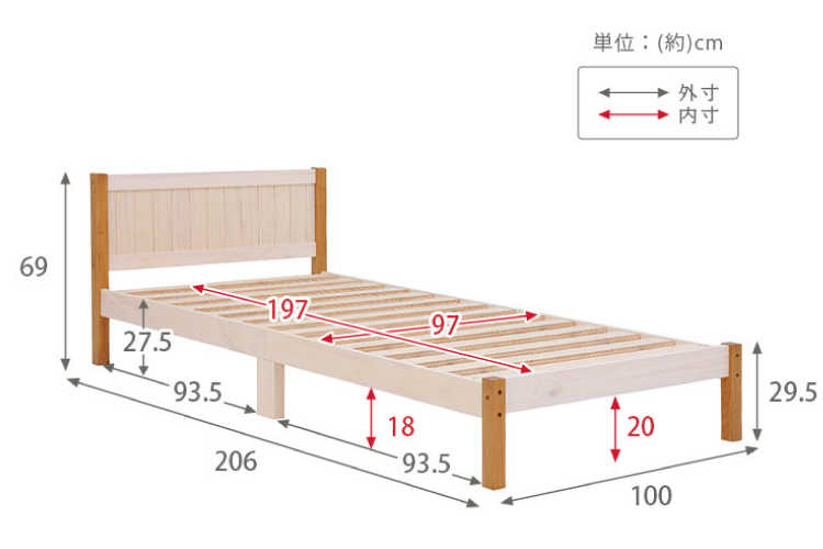 BE-3086 コイルマットレス専用！天然木パイン製すのこベッド（シングル）のサイズ詳細画像