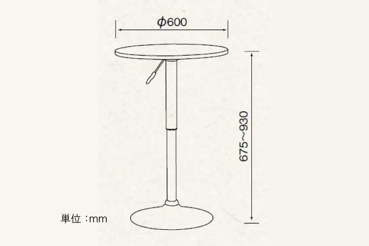DI-1524 直径60cm昇降カフェテーブル丸・円形のサイズ詳細画像