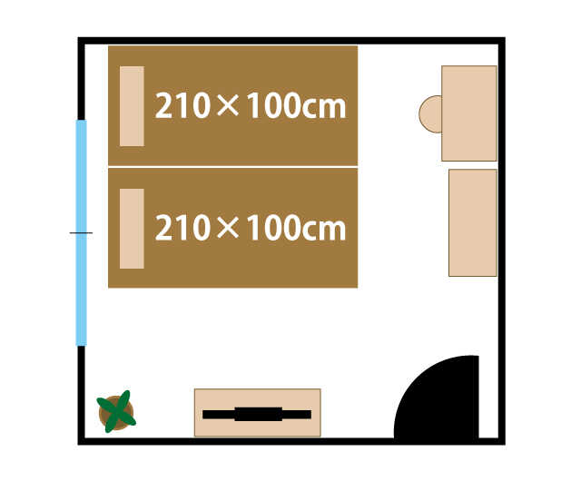 八畳でシングルベッドを二つ並べた配置図