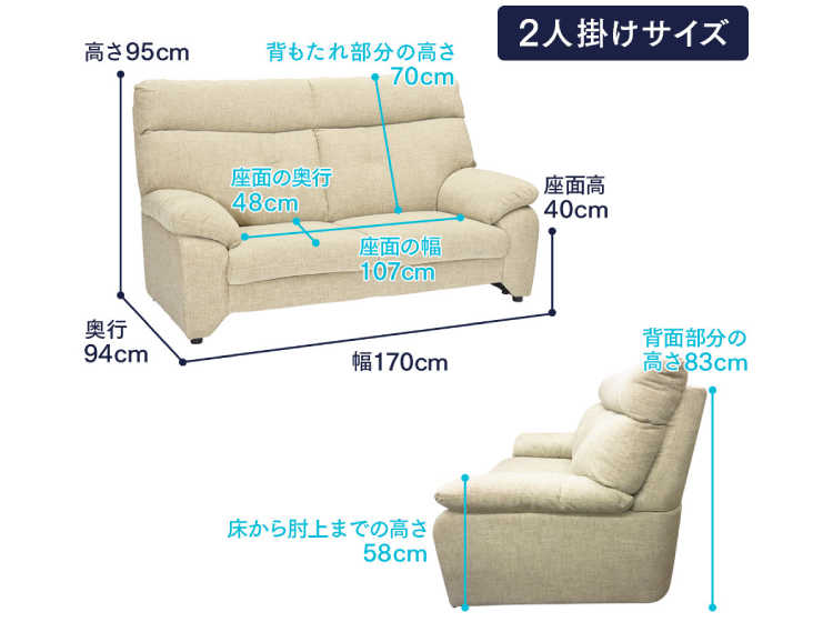 SF-3580 幅170cm・布ファブリック製・2人掛けソファー（ハイバック仕様／グレー）のサイズ詳細画像