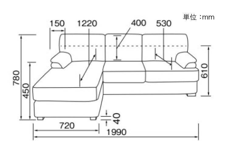 SF-3585 幅199cmエル字ソファー布ファブリック製のサイズ詳細画像