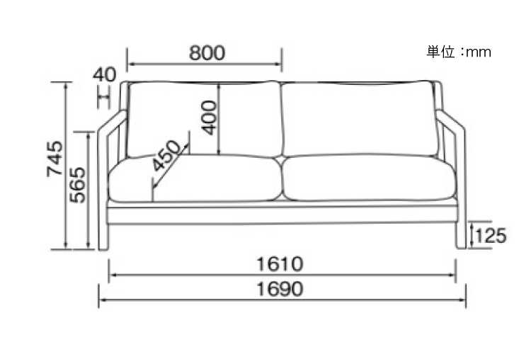 SF-3602 幅169cm・布ファブリック&ウォールナット製・3人掛けソファー（グレー）のサイズ詳細画像