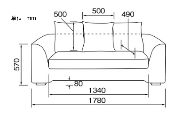 SF-3605 幅178cm・布ファブリック製・3人掛けソファー（完成品）のサイズ詳細画像