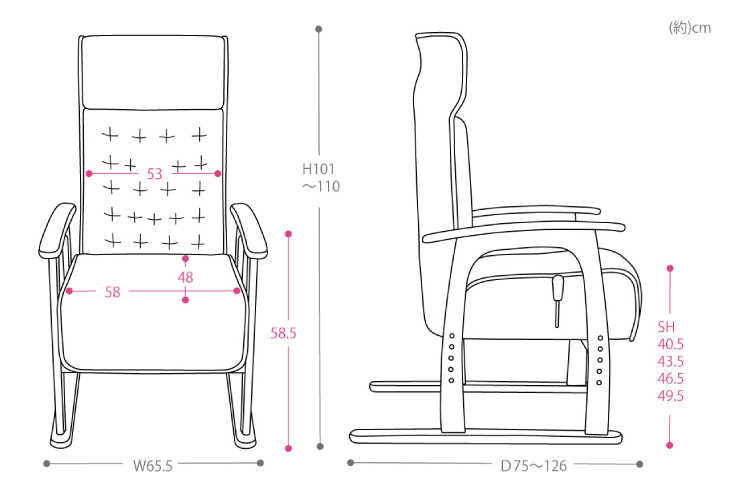 CH-3647 リクライニング高座椅子のサイズ詳細画像