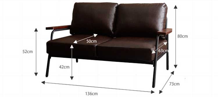 SF-3762 ヴィンテージ調2人掛けソファ（幅136cm・PVCレザー製）のサイズ詳細画像