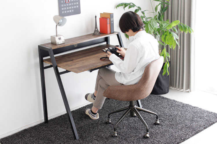 DE-1907 幅96cm・収納トレー付きデスク（ダークブラウン）