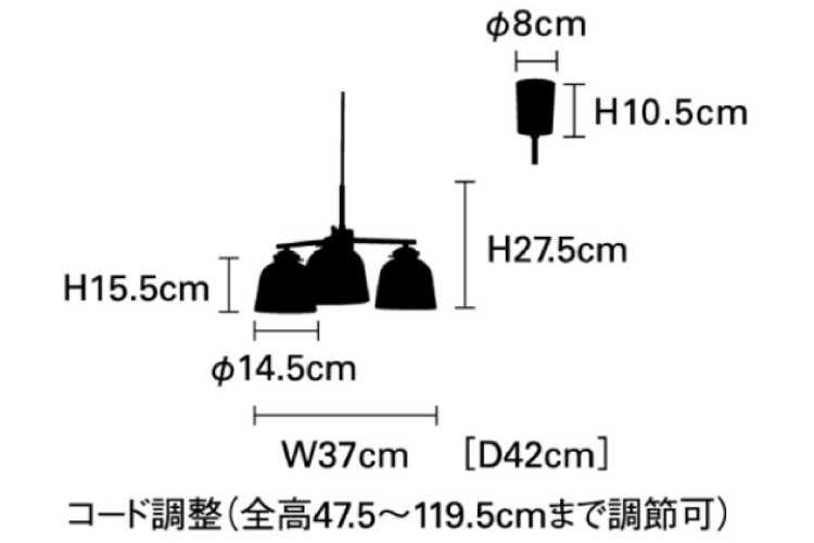 LT-4350 凹凸ストライプガラス製・3灯ペンダントライトのサイズ詳細画像