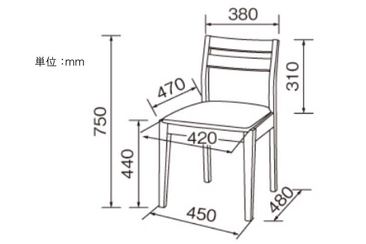 CH-3768 天然木ラバーウッド＆ファブリック製・ダイニングチェア（完成品）のサイズ詳細画像