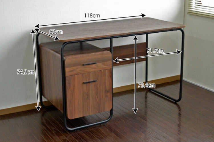 DE-1921 幅118cm・デスク＆サイドチェストセット（茶ブラウン）のサイズ詳細画像