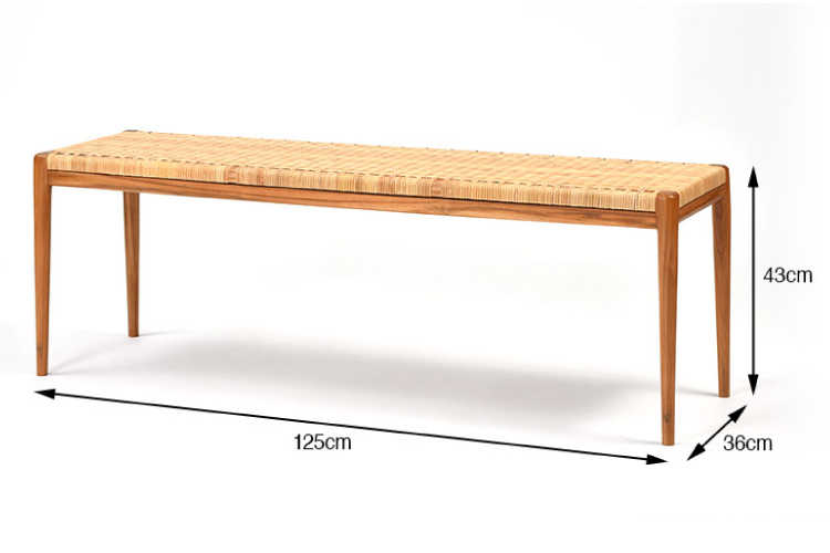 CH-3803 幅125cm・天然木チーク無垢材＆ラタン製・デザイナーズベンチ（完成品）のサイズ詳細画像