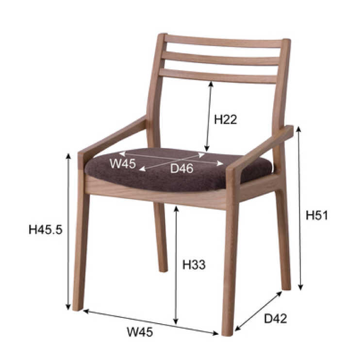 CH-3853 天然木ウォールナット＆布ファブリック製・ダイニングチェア（日本製・完成品）のサイズ詳細画像