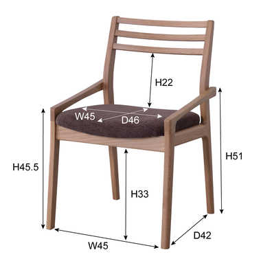 CH-3861 天然木オーク＆布ファブリック製・食卓用チェア（日本製・完成品）のサイズ詳細画像