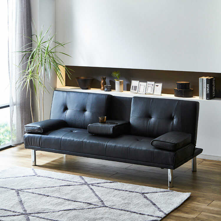 SF-3859 ブラック革張りソファーベッド｜178cmリクライニング