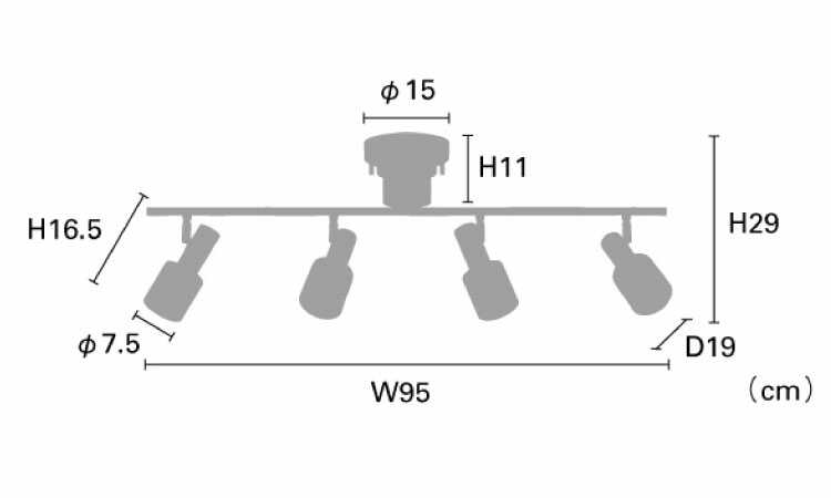 LT-4641 ビンテージゴールドの4連スポットシーリングライトのサイズ詳細画像