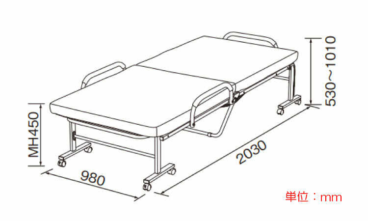 BE-3205 リクライニング6段階可能の折りたたみベッドのサイズ詳細画像