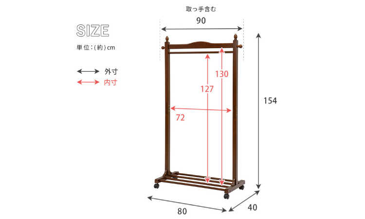WR-1509 幅90cm安いキャスター付きハンガーラックのサイズ詳細画像
