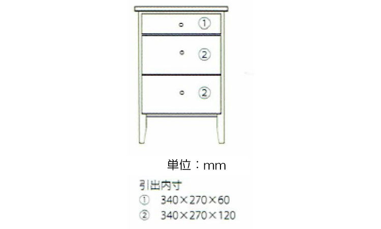 RA-3421 幅50cm天然木カバ材の高級ミニチェスト3段のサイズ詳細画像