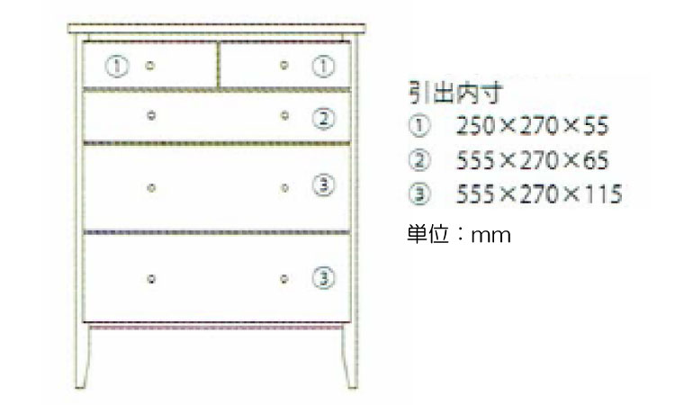 RA-3424 幅70cm高級衣類チェスト4段のサイズ詳細画像