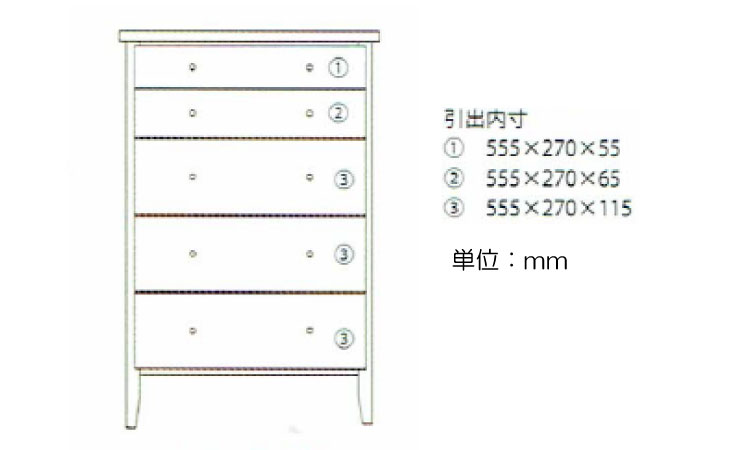 RA-3425 幅70cm高級衣類チェスト5段トールタイプのサイズ詳細画像