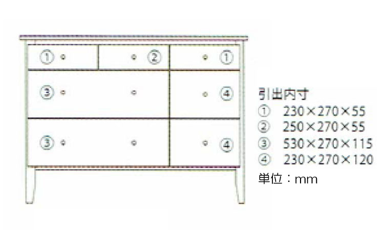 RA-3426 幅100cm高級衣類ローチェスト3段天然木カバ材のサイズ詳細画像