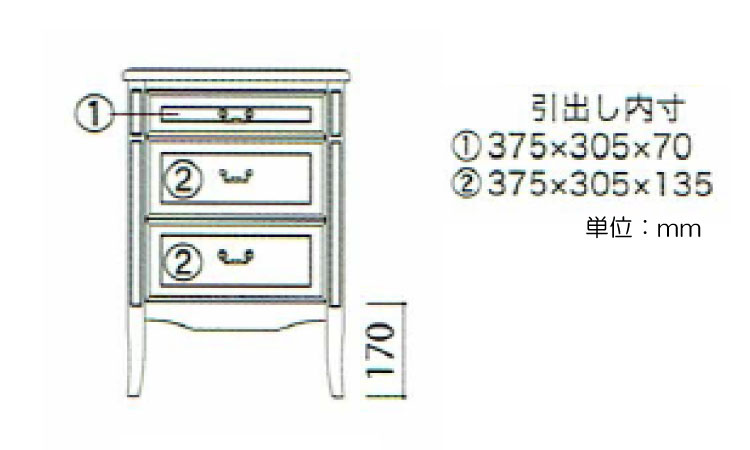 RA-3433 幅50cm小さいヨーロピアン風チェスト3段のサイズ詳細画像