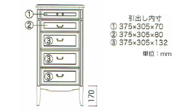 RA-3435 幅50cmトールタイプのヨーロピアン風チェスト5段のサイズ詳細画像