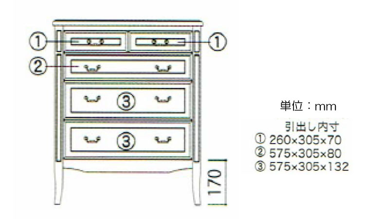 RA-3436 幅70cm上品なヨーロピアン風チェスト4段のサイズ詳細画像