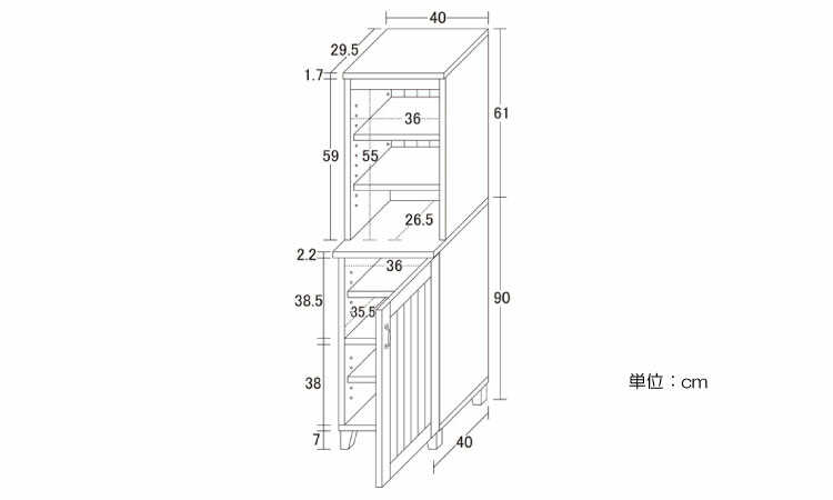 RA-3491 幅40cmスリムなフレンチカントリー風キャビネットのサイズ詳細画像