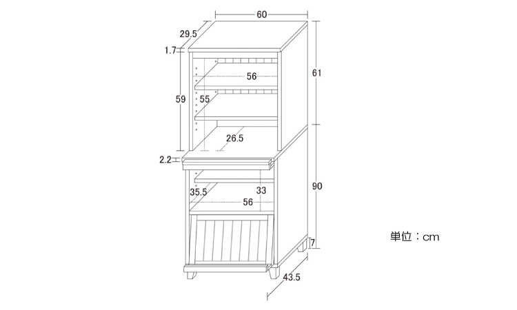RA-3492 幅60cm可愛いフレンチカントリー風キャビネットのサイズ詳細画像