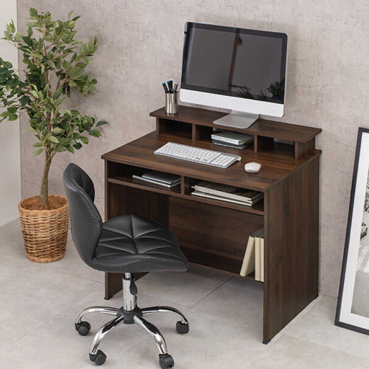 DE-2039 便利なラック付きコンパクトPCデスク｜幅80ブラウン色
