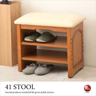 幅41cm・ミニ玄関ベンチ（スリッパラック付き／天然木＆合成レザー製）