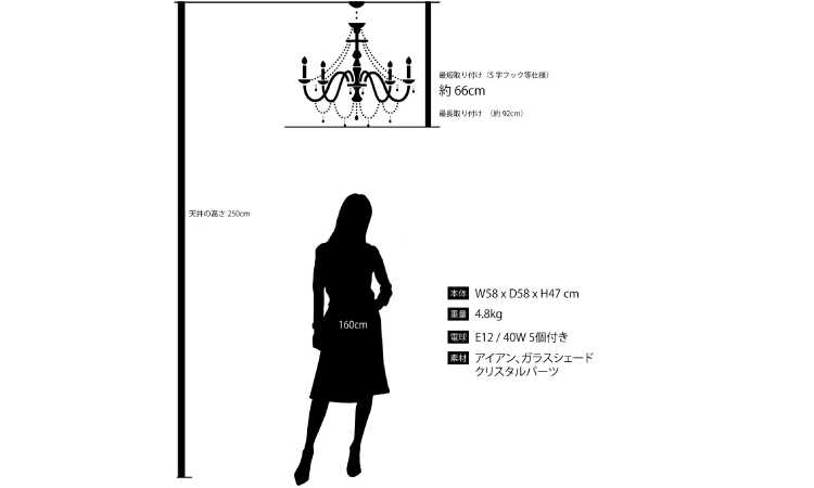 LT-4842  一人暮らしにおすすめ白いシャンデリア5灯のサイズ詳細画像