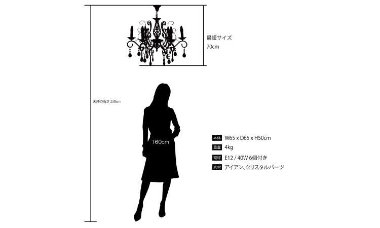 LT-4856 黒ブラックのアイアン6灯シャンデリア｜クリスタル使用