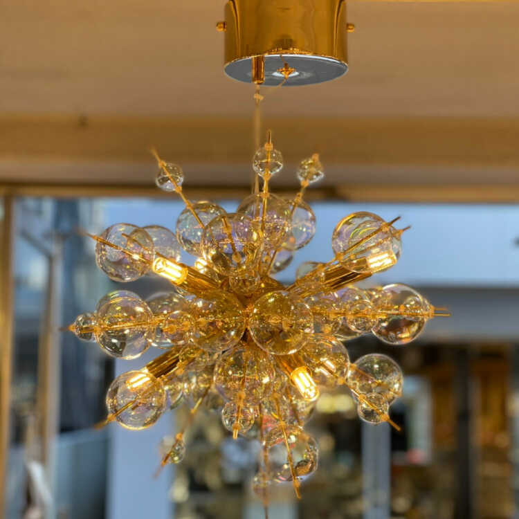 ペンダントライト ボール型シャンデリア 黄色とピンクのクリスタル