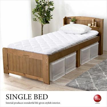 高さ調節可能・天然木製すのこシングルベッド（ブラウン色／パイン材／床下収納スペース）