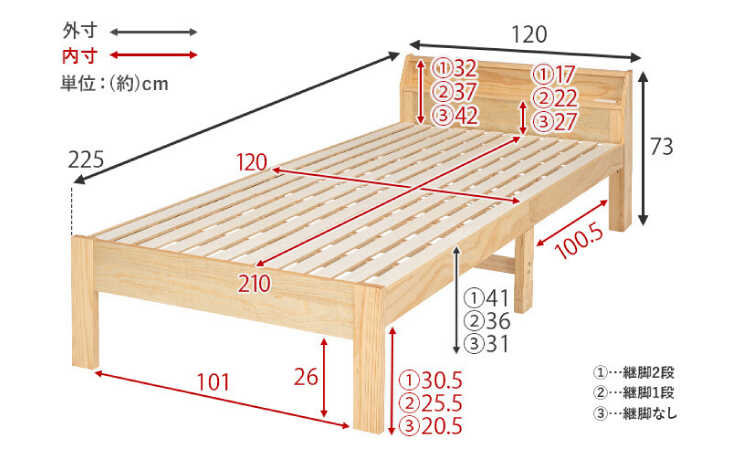 BE-3254 敷き布団も使えるすのこセミダブルベッドのサイズ詳細画像