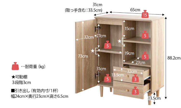 RA-3670 幅65cm家具とコーディネートしやすいシンプルデザインの収納キャビネットのサイズ詳細画像