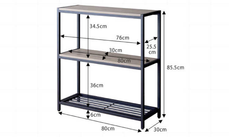 RA-3690 幅80cmシンプルお洒落なアイアンラック3段のサイズ詳細画像