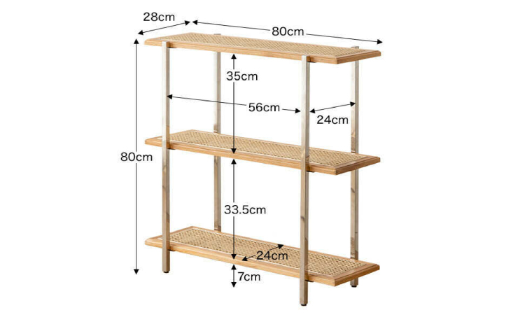 RA-3696 幅80cmナチュラルアジアンなラタン製シェルフ3段のサイズ詳細画像