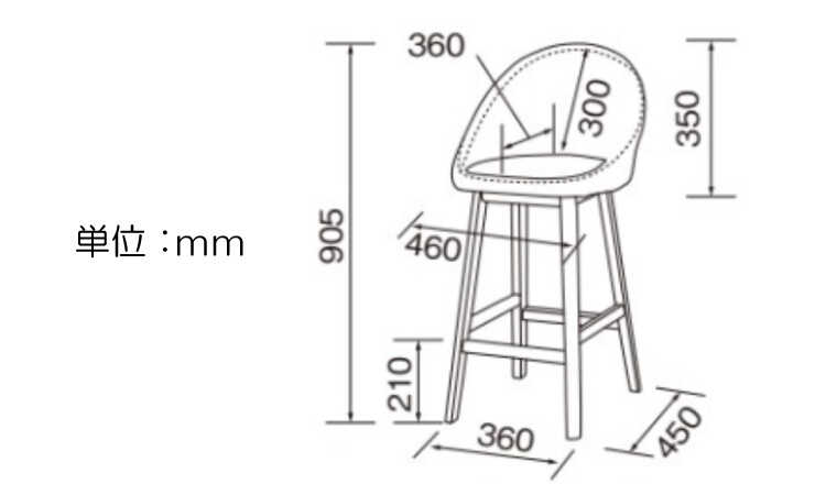 CC-1027 天然木製ラバーウッド＆布ファブリック張りカウンターチェアのサイズ詳細画像