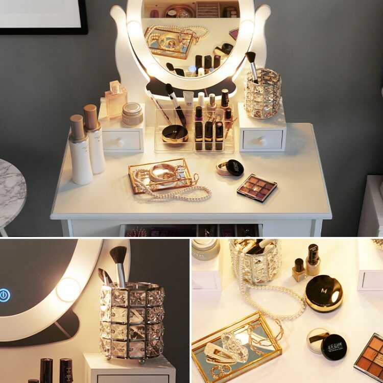 DR-1050 豪華なLED照明付きドレッサー・白ホワイト・スツール付