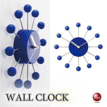 ミッドセンチュリー風ボールデザイン壁掛け時計(青ブルー・静かな連続秒針)
