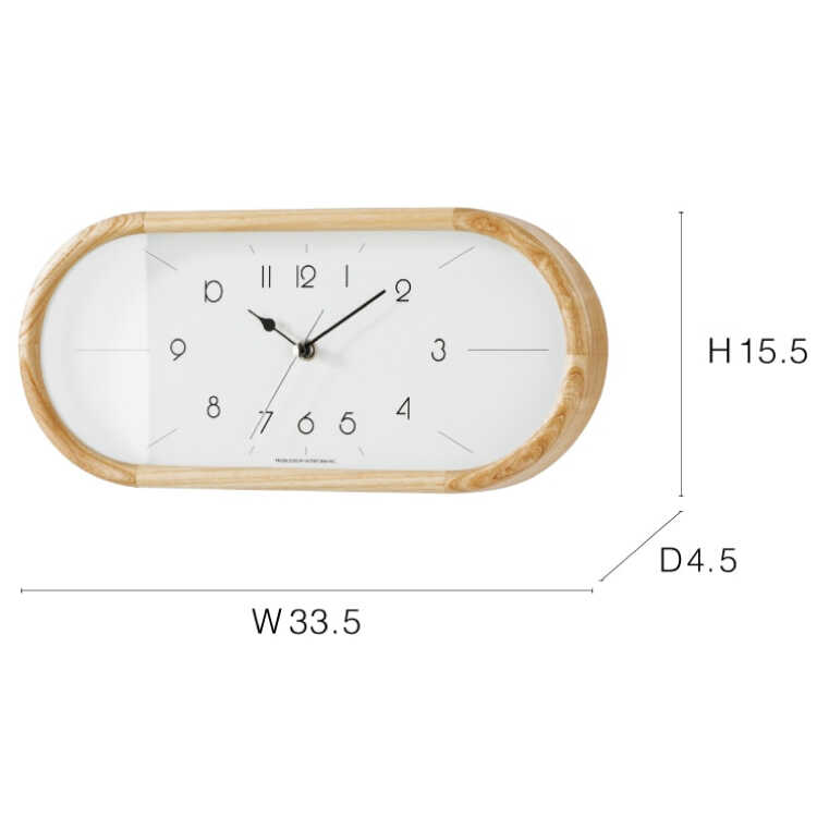 CL-2630横長フォルムの天然木製壁掛け時計・ブラウン・スイープ針のサイズ詳細画像