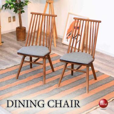 縦格子デザインの板座・高級食卓用チェア(座面クッション付き・ブラウン色・天然木アッシュ製)
