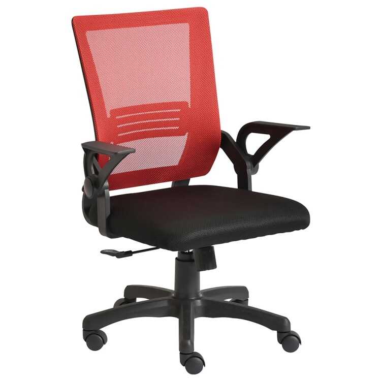 DC-1093 メッシュ製デスクチェア・赤レッド・肘置き跳ね上げ式