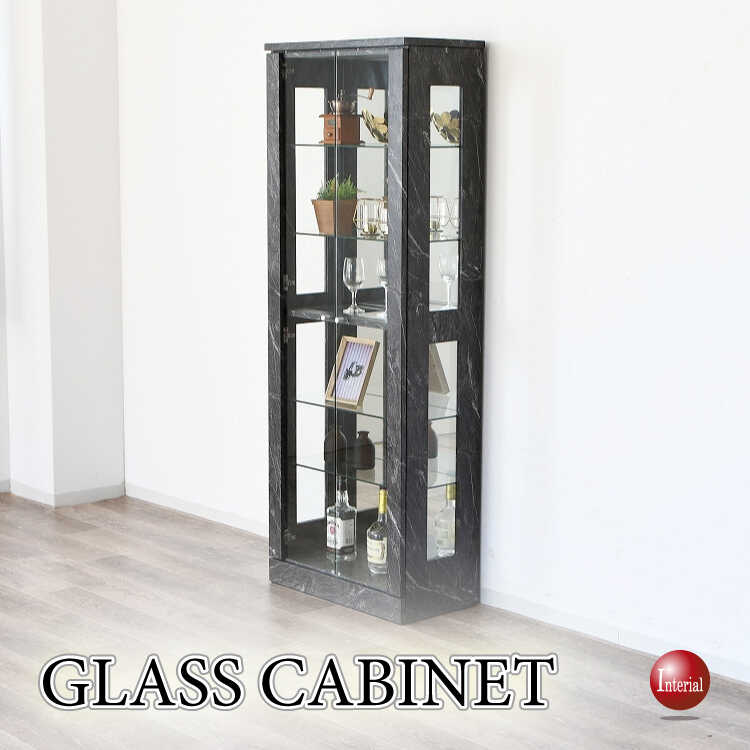 幅60cm・黒ブラック大理石柄ガラスコレクションキャビネット（完成品）