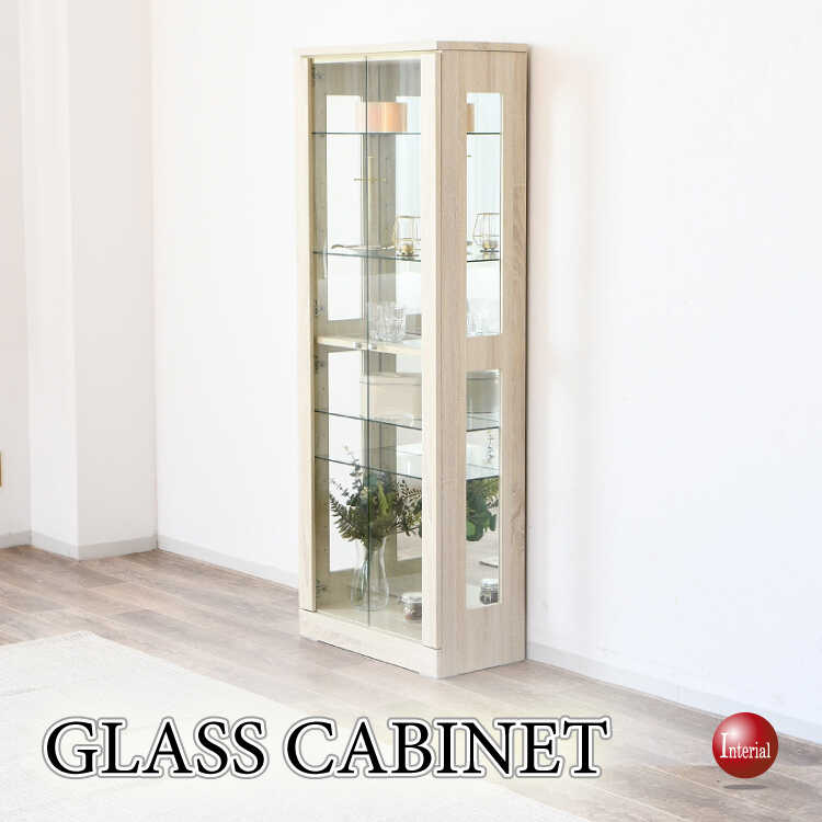 幅60cm・白ホワイト木目ガラスコレクションキャビネット（完成品）