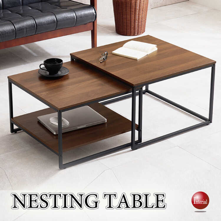 幅60cm～113cm・ウォールナット柄ブラウンのネストテーブル（キズに強いメラミン貼り）