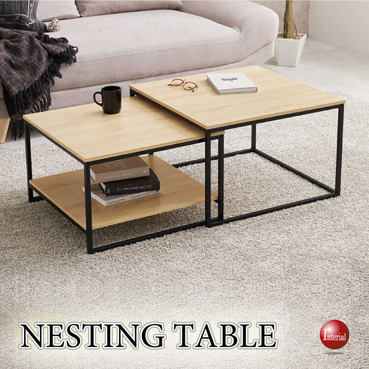 幅60cm～113cm・オーク柄ナチュラルのネストテーブル（キズに強いメラミン貼り・黒ブラック脚）